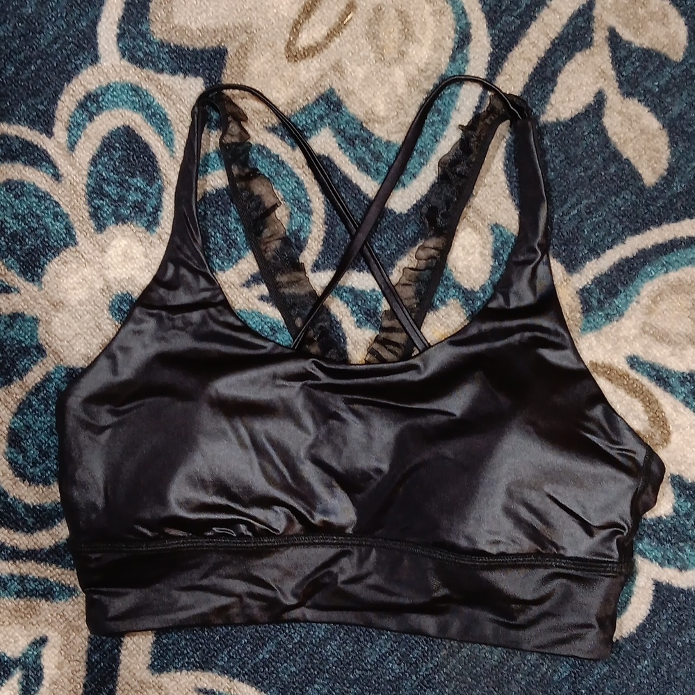 Alala Black Satin Lace-Trim Sports Bra